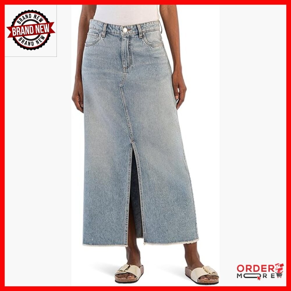 Maxi Skirt with Front Slit Frayed Hem High Rise Five Pockets